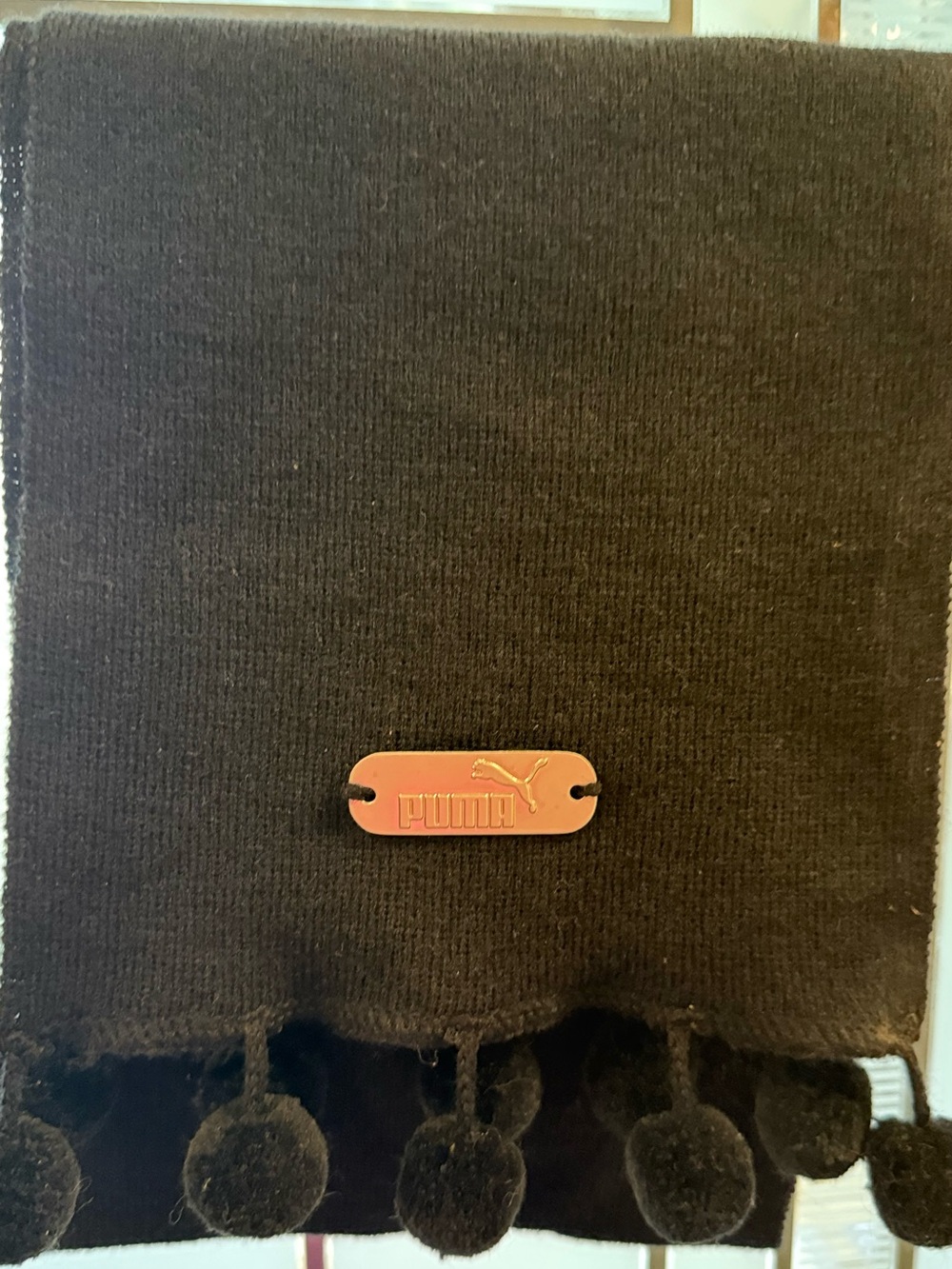 Puma Black Knit Scarf with Pom Pom Fringe and Logo Plate